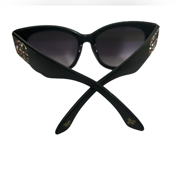 Black Semi Cat Eye Sunglasses with Purple Lenses - Rhinestones & Gold Emblems - Picture 5 of 10